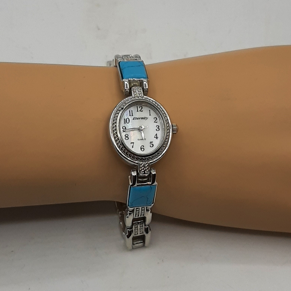 Silver Tone Turquoise Colored Stone Women’s Watch Adjustable Eternity Quartz
